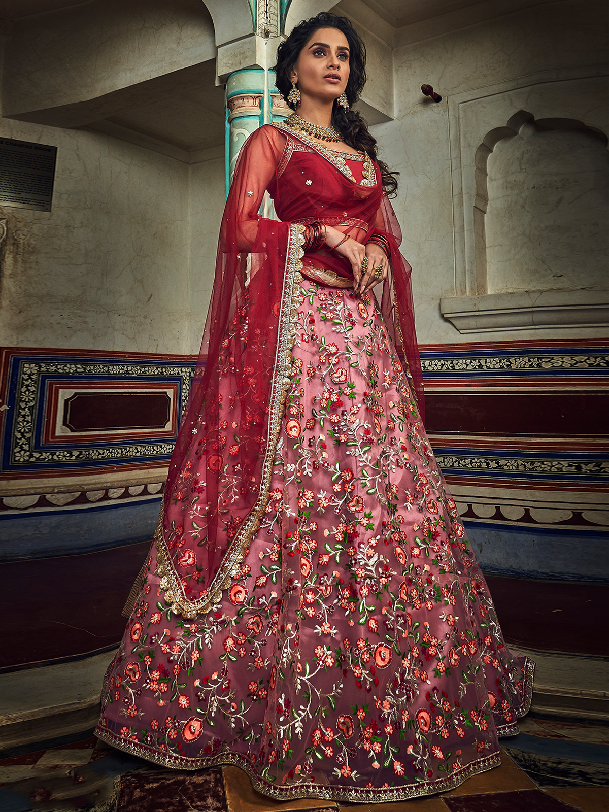 Peach Embroidered Art Silk Semi Stitched Lehenga With Unstitched Blouse Clothsvilla Main image
