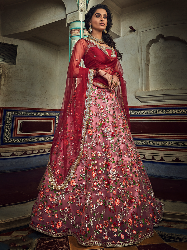 Peach Embroidered Art Silk Semi Stitched Lehenga With Unstitched Blouse Clothsvilla