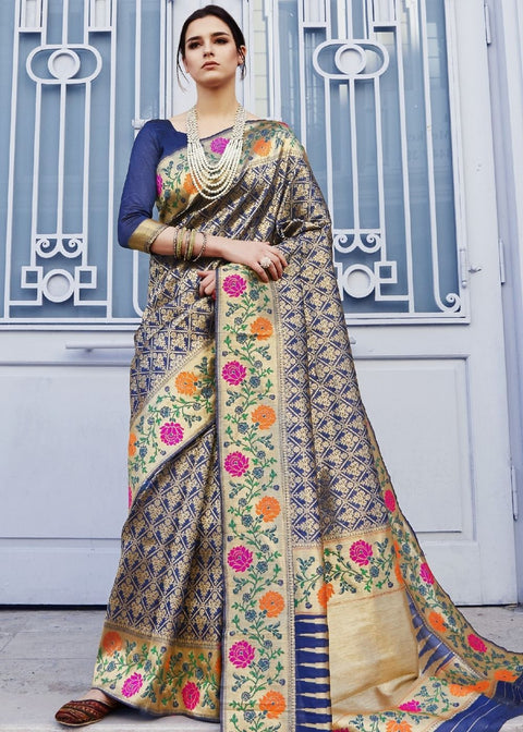 Azure Blue and Golden Blend Silk Saree with Floral Woven Border and Pallu Clothsvilla Main image