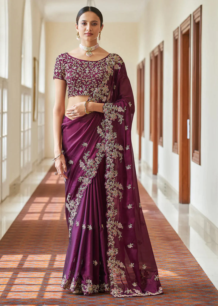 PURPLE CRAPE DORI, RESHAM,CUT-WORK Designer Saree Clothsvilla