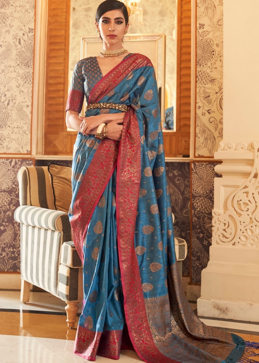 Yale Blue Woven Banarasi Tussar Silk Saree : Top Pick Clothsvilla Main image