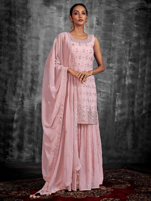 Pink Embroidered Georgette Partywear Stitched Kurta Set Clothsvilla Main image