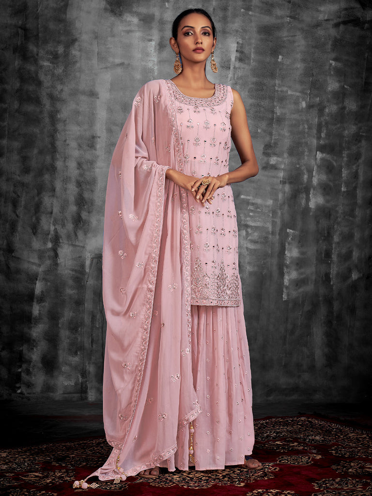 Pink Embroidered Georgette Partywear Stitched Kurta Set Clothsvilla