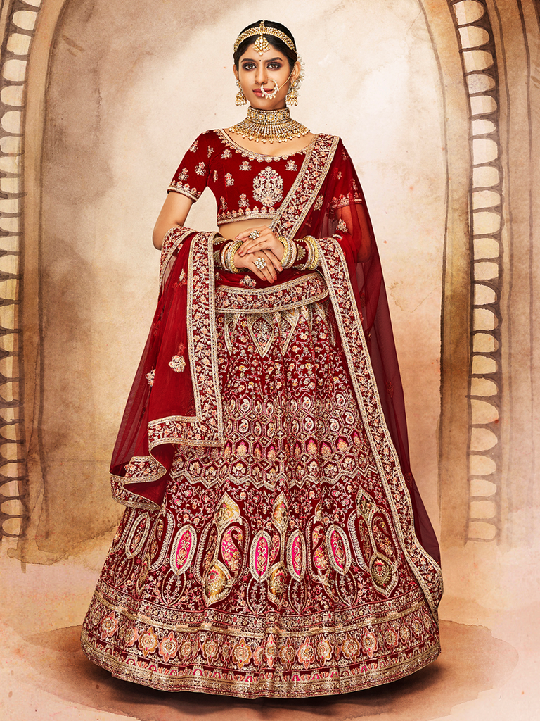 Maroon Embroidered Velvet Semi Stitched Lehenga With Unstitched Blouse Clothsvilla