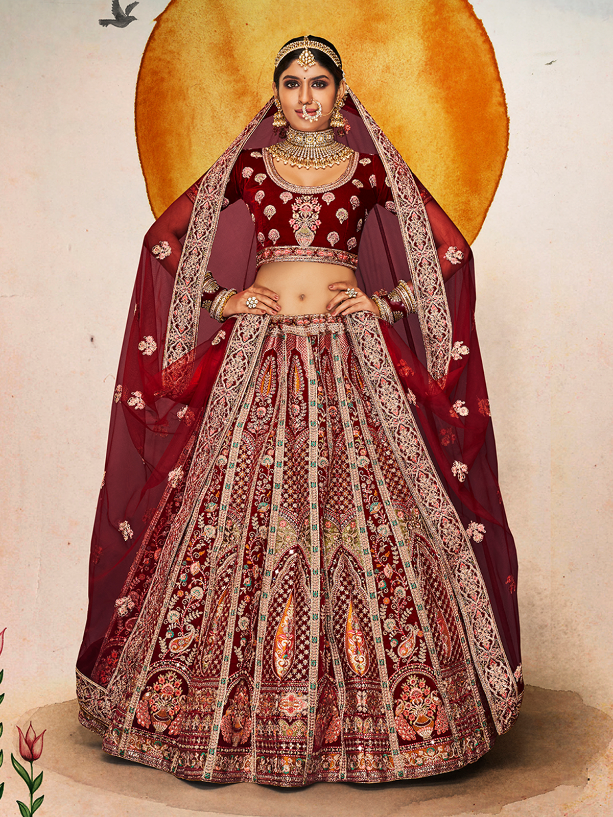 Maroon Velvet Semi Stitched Lehenga With Unstitched Blouse Clothsvilla