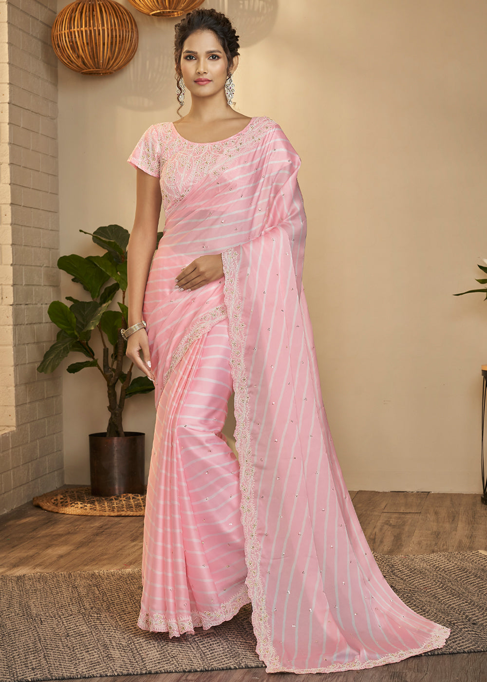 BABY PINK WOVEN SATIN SILK SAREE Clothsvilla Main image