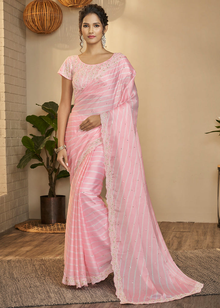 BABY PINK WOVEN SATIN SILK SAREE Clothsvilla