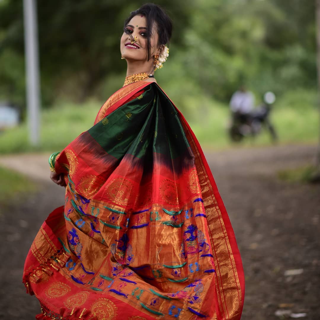 Prettiest Green Paithani Silk Saree With Ethnic Blouse Piece Shriji
