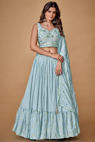 Powder Blue Thread Work Chiffon Silk Engagement Wear Lehenga Choli Clothsvilla