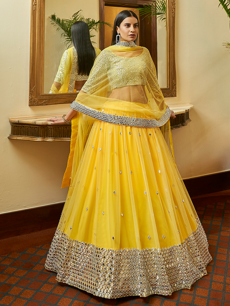 Yellow Soft Net Semi Stitched Lehenga With Unstitched Blouse Clothsvilla