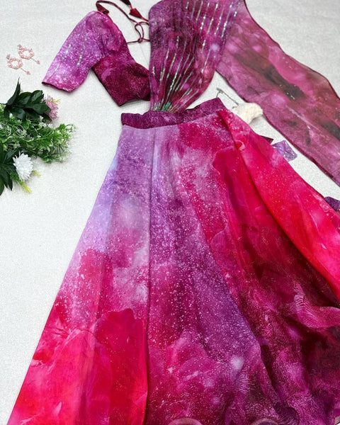 Fancy Pattern Pink And Wine Color Lehenga Choli Main image