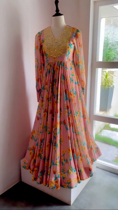 Admiring Dusty Peach Color Work Ruffle Gown Main image