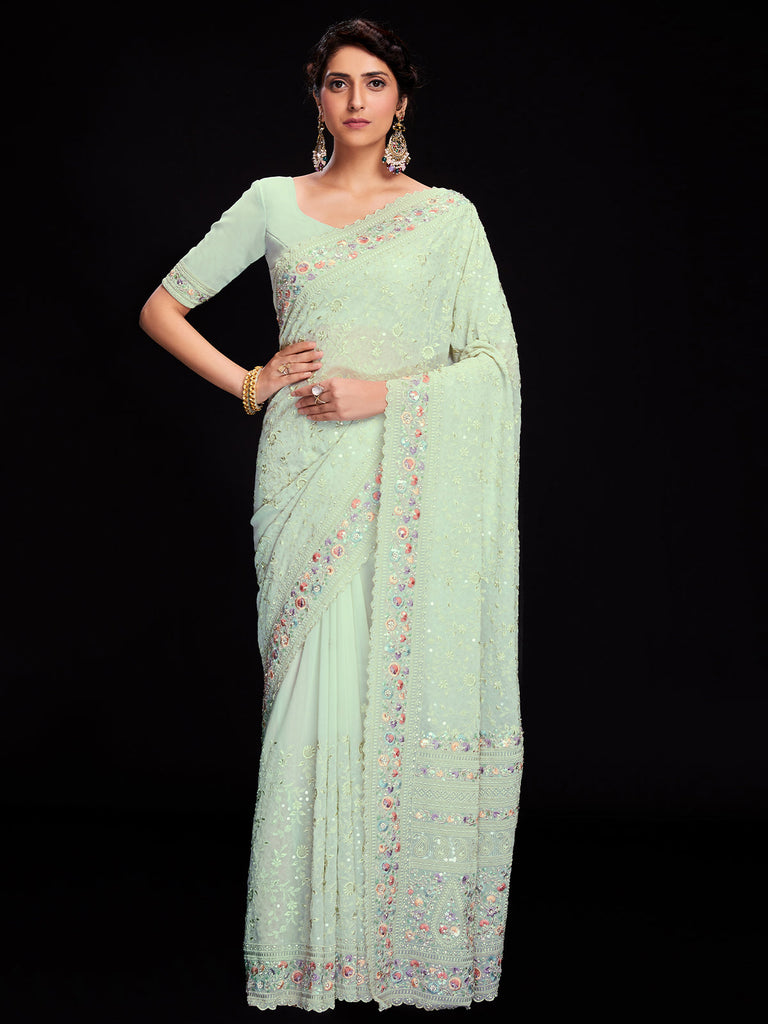 Sea Green Georgette Embroidered Saree With Unstitched Blouse Clothsvilla