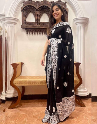 Black Georgette Saree with Beautiful Lucknowi Work and Silk Blouse for Wedding ClothsVilla