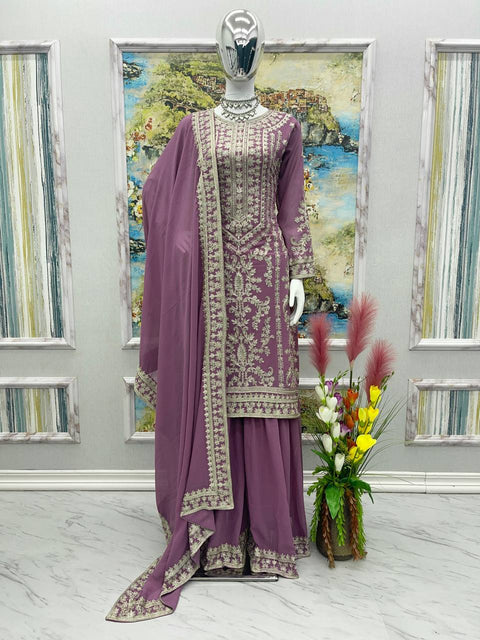 Glorious Dusty Pink Color Embroidered Sharara Suit Clothsvilla Main image