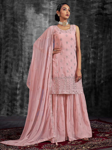Beautiful Embroidered Pink Georgette Semi Stitched Kurta Set Clothsvilla Main image