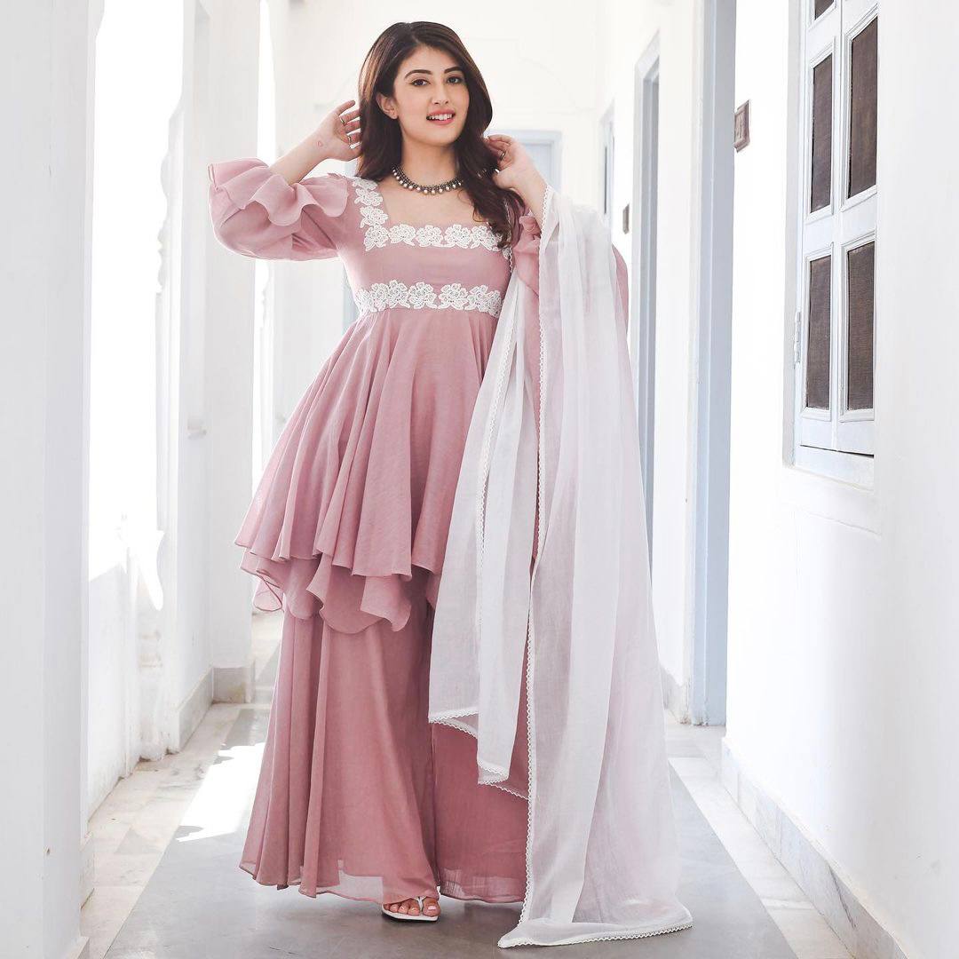 Peach Color Embroidery Work Georgette Palazzo Suit Clothsvilla