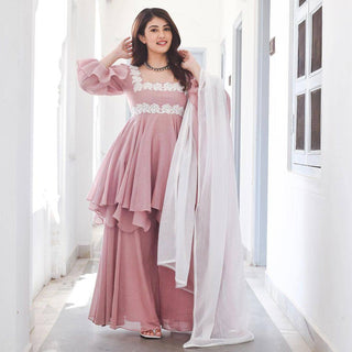 Peach Color Embroidery Work Georgette Palazzo Suit Clothsvilla