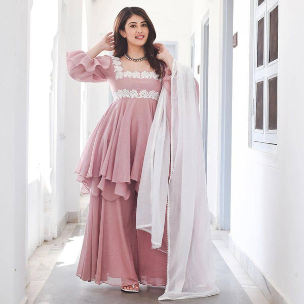 Peach Color Embroidery Work Georgette Palazzo Suit Clothsvilla