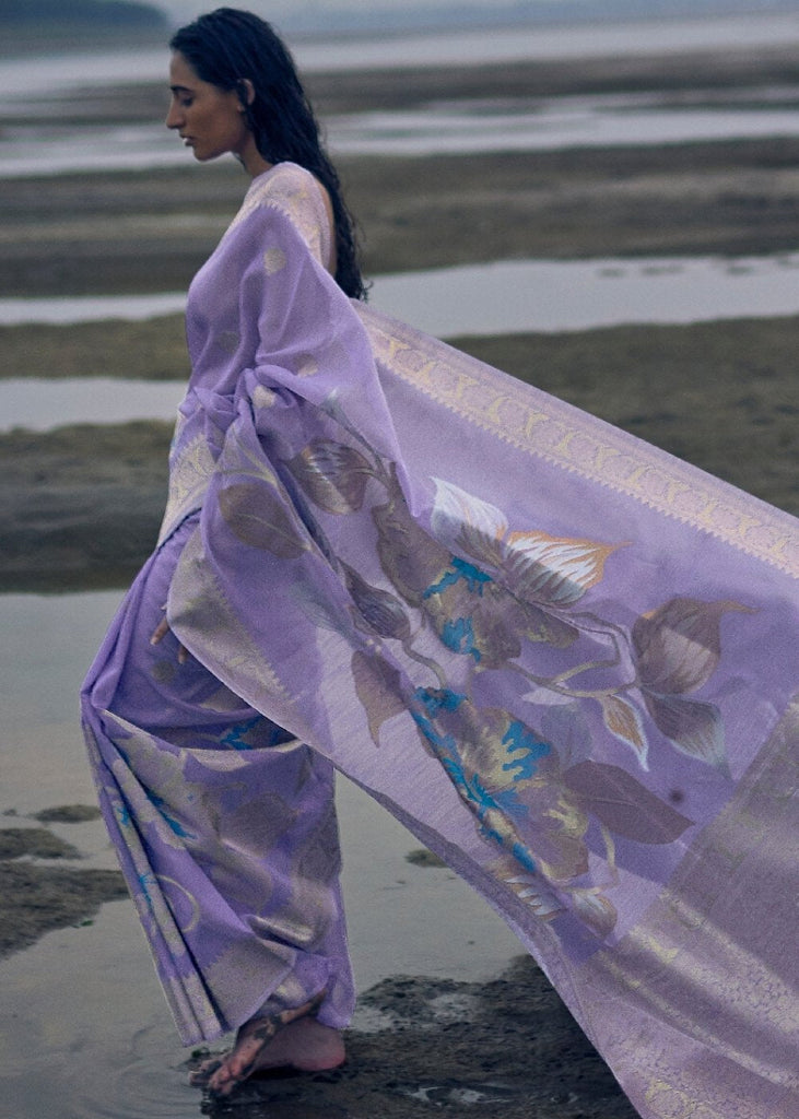 Lavender Woven Linen Silk Saree with Floral Motif on Pallu and Border Clothsvilla