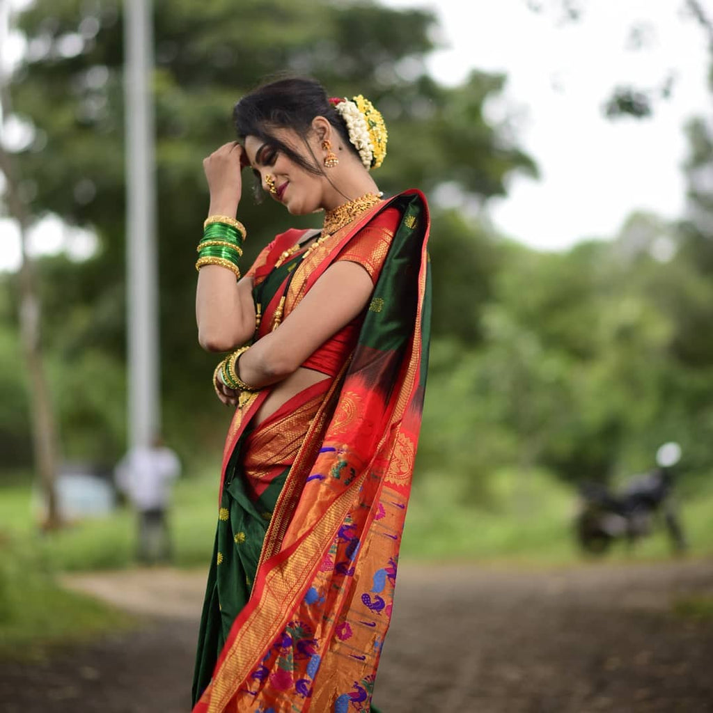 Prettiest Green Paithani Silk Saree With Ethnic Blouse Piece Shriji