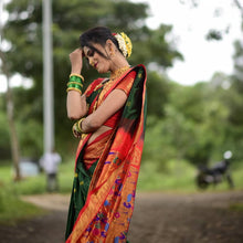 Load image into Gallery viewer, Prettiest Green Paithani Silk Saree With Ethnic Blouse Piece Shriji