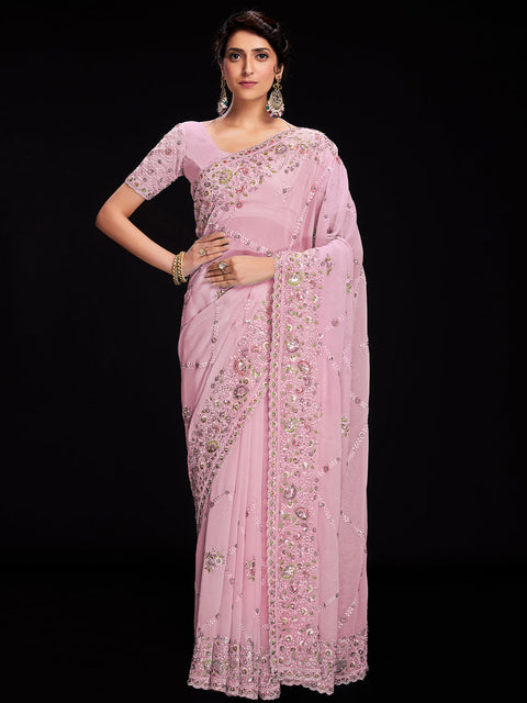 Pink Georgette Embroidered Saree With Unstitched Blouse Clothsvilla Main image
