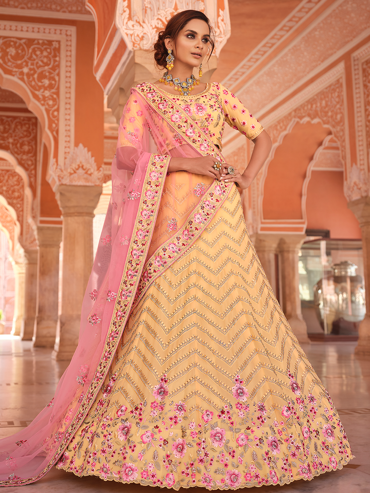 Yellow Embroidered Georgette Semi Stitched Lehenga With Unstitched Blouse Clothsvilla Main image