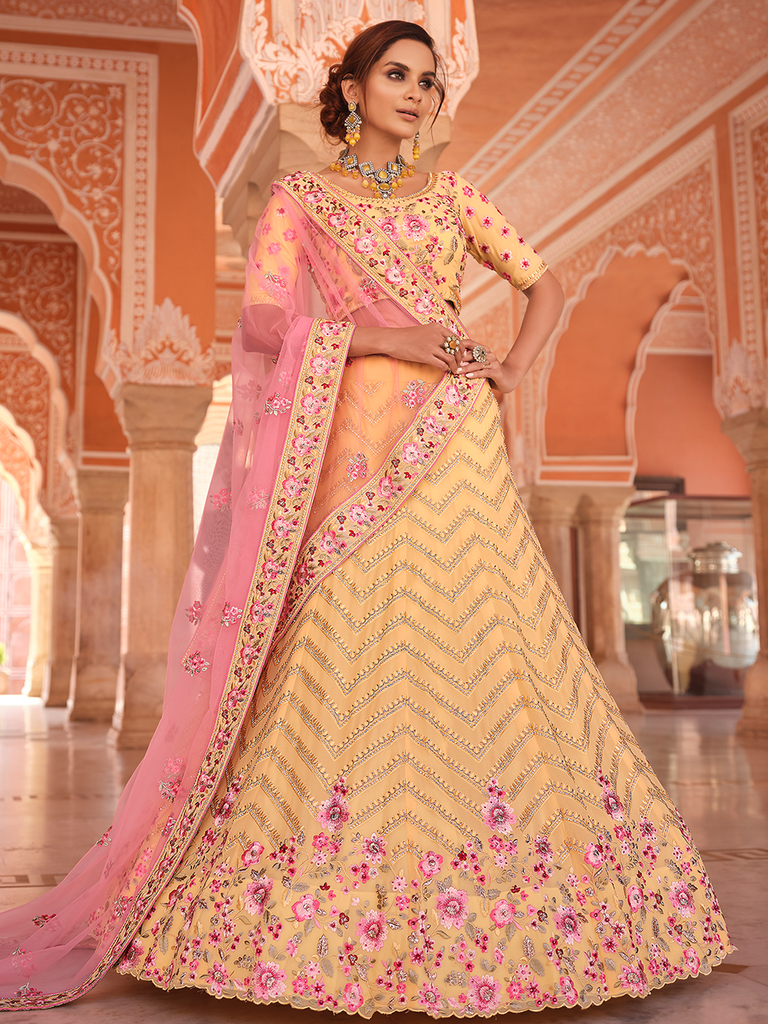 Yellow Embroidered Georgette Semi Stitched Lehenga With Unstitched Blouse Clothsvilla