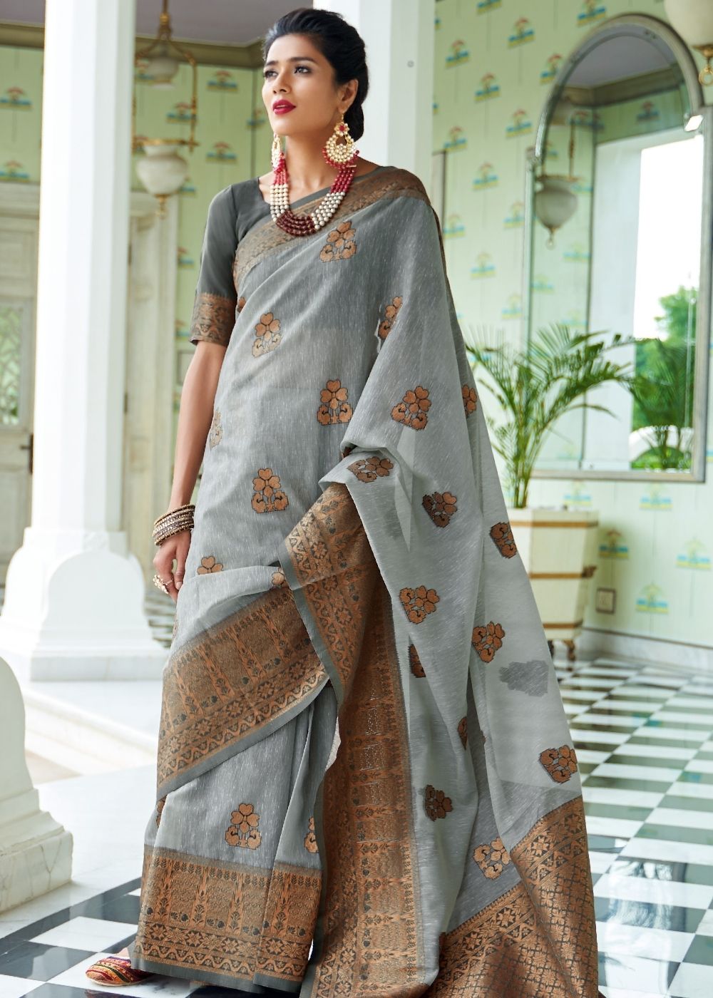 Smoke Grey Woven Linen Silk Saree with Butti overall Clothsvilla Main image