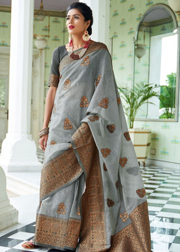 Smoke Grey Woven Linen Silk Saree with Butti overall Clothsvilla