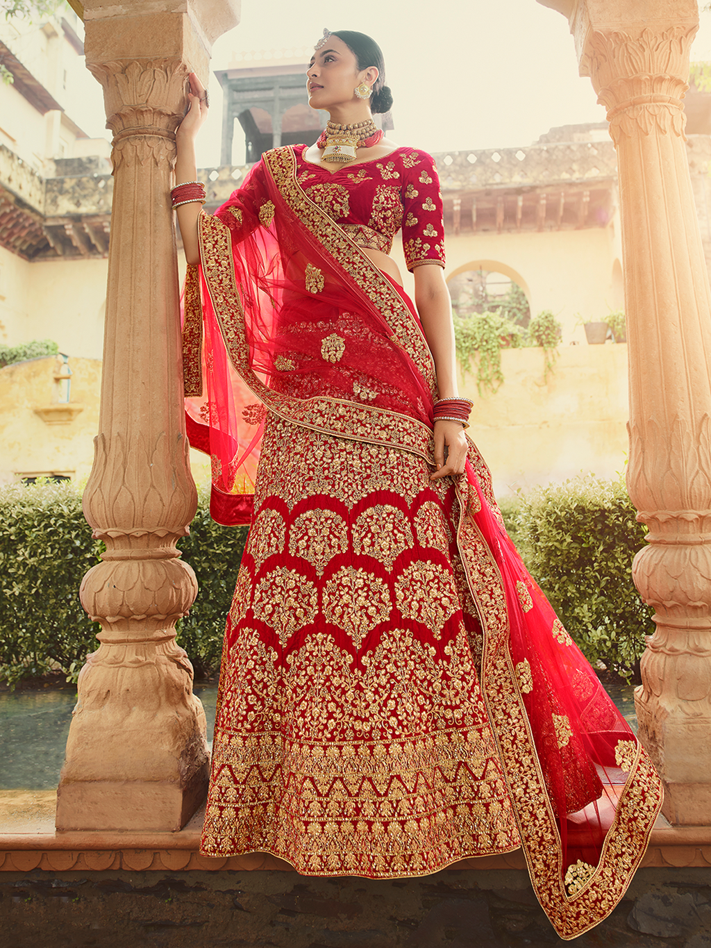 Red Velvet Semi Stitched Lehenga With Unstitched Blouse Clothsvilla