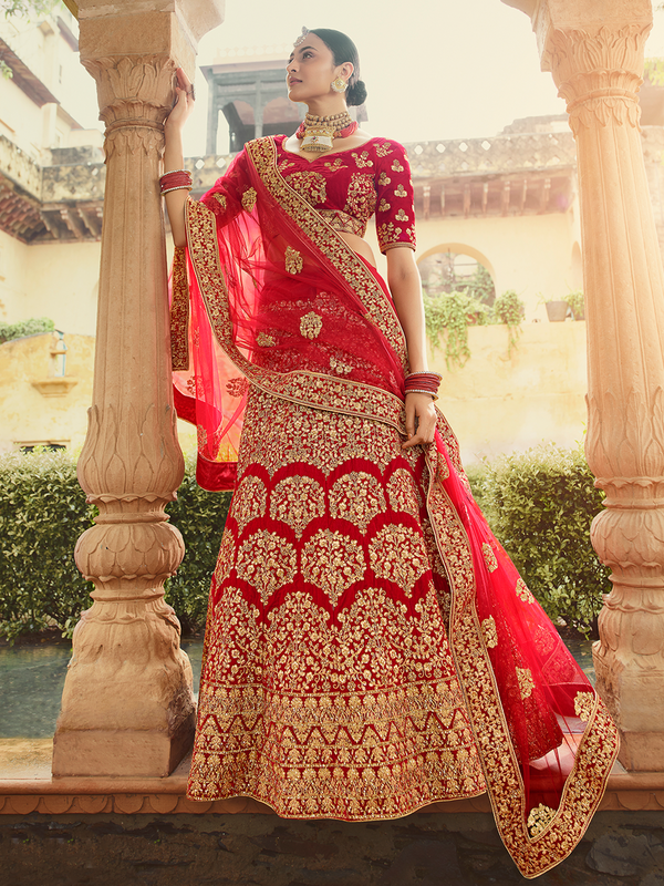 Red Velvet Semi Stitched Lehenga With Unstitched Blouse Clothsvilla