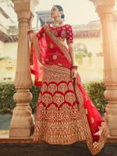 Load image into Gallery viewer, Red Velvet Semi Stitched Lehenga With Unstitched Blouse Clothsvilla