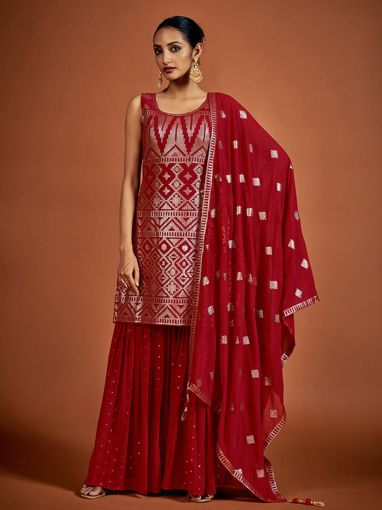 Beautiful Red Embroidered Georgette Partywear Stitched Kurta Set Clothsvilla