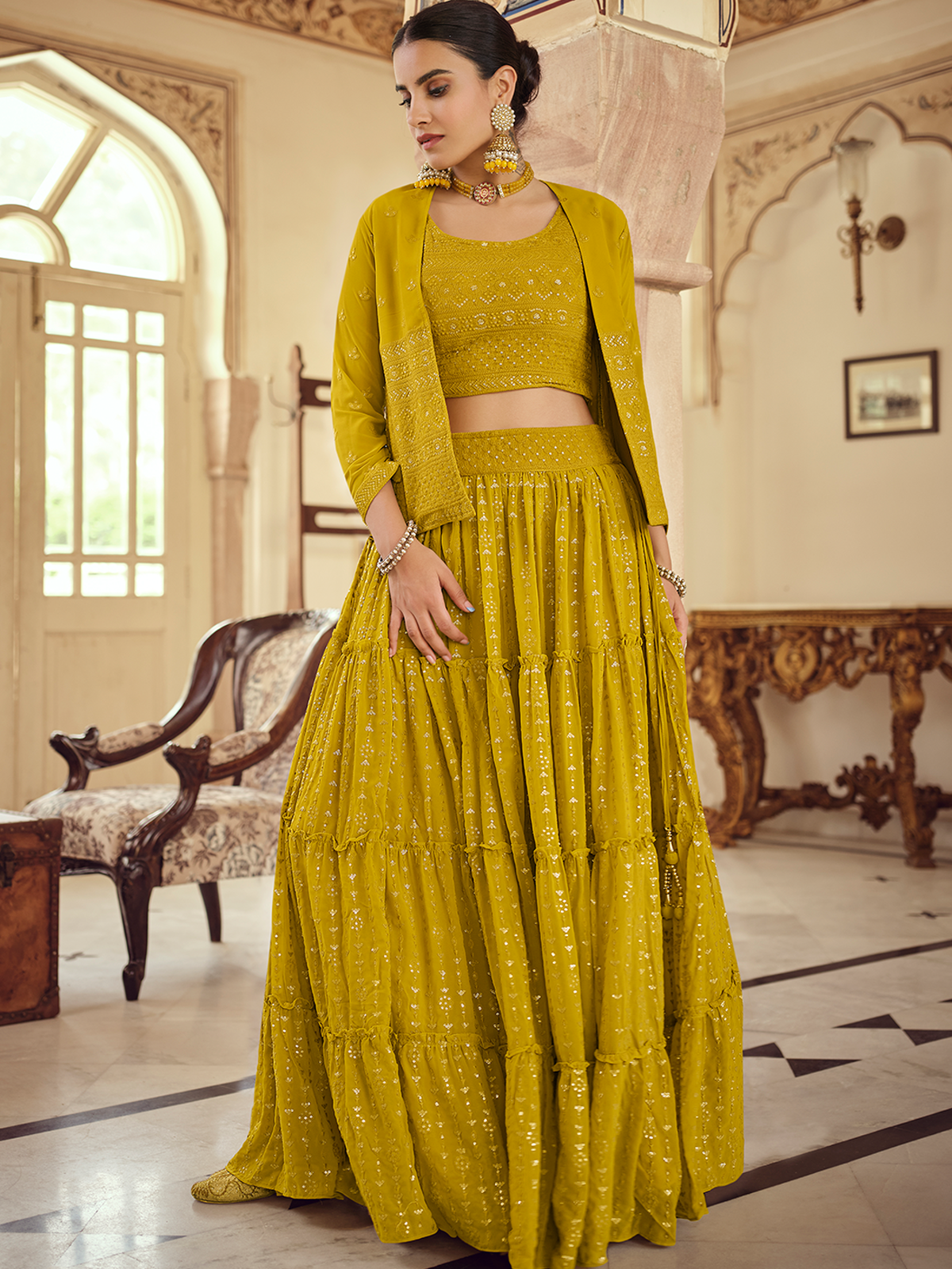 Mustard Embroidered Georgette Semi Stitched Lehenga With Unstitched Blouse Clothsvilla