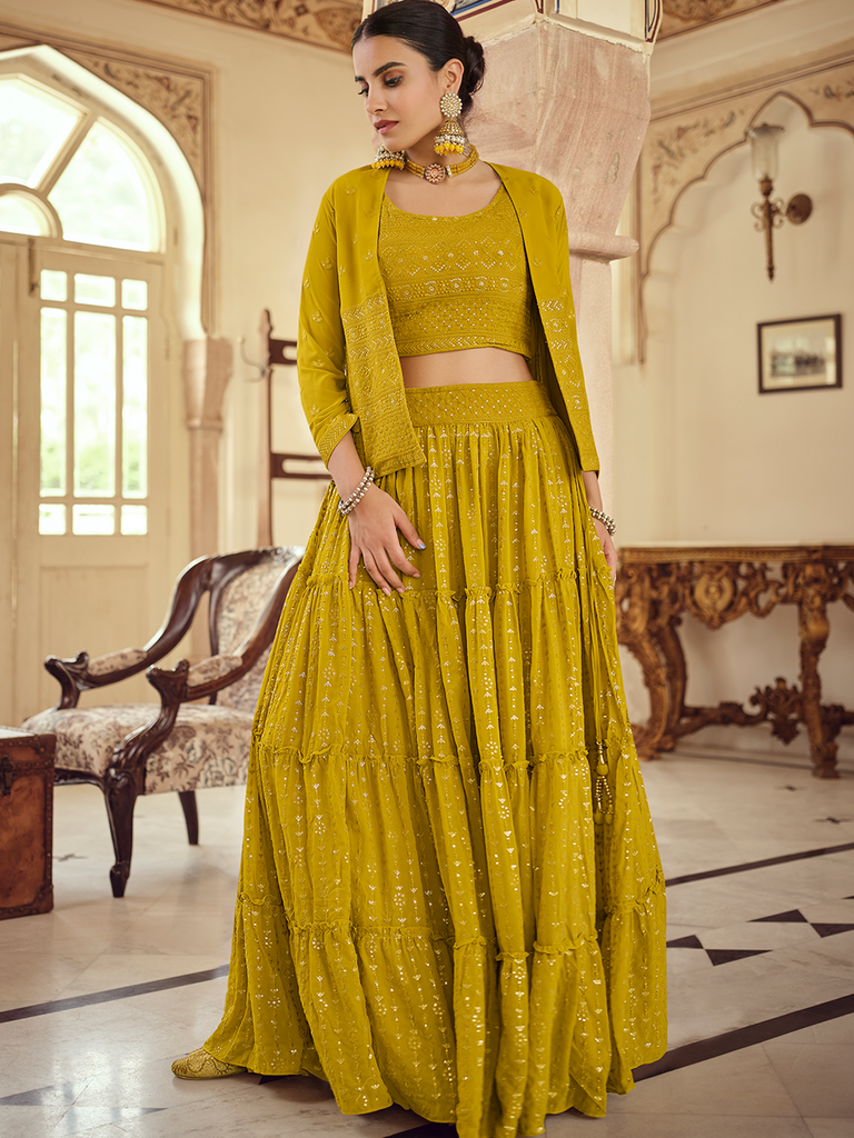 Mustard Embroidered Georgette Semi Stitched Lehenga With Unstitched Blouse Clothsvilla