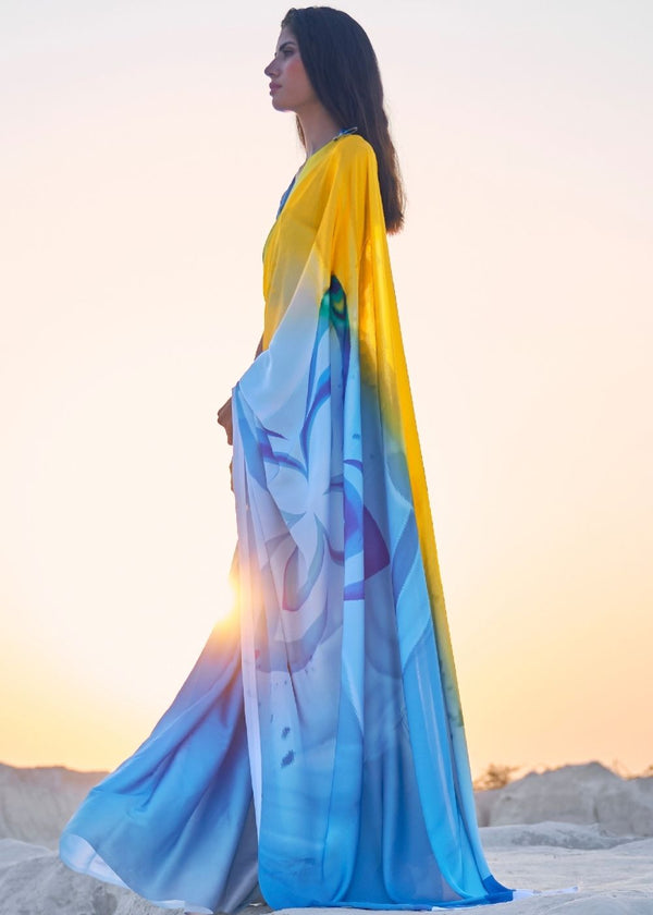 Maya Blue Digital Printed Crepe Silk Saree Clothsvilla