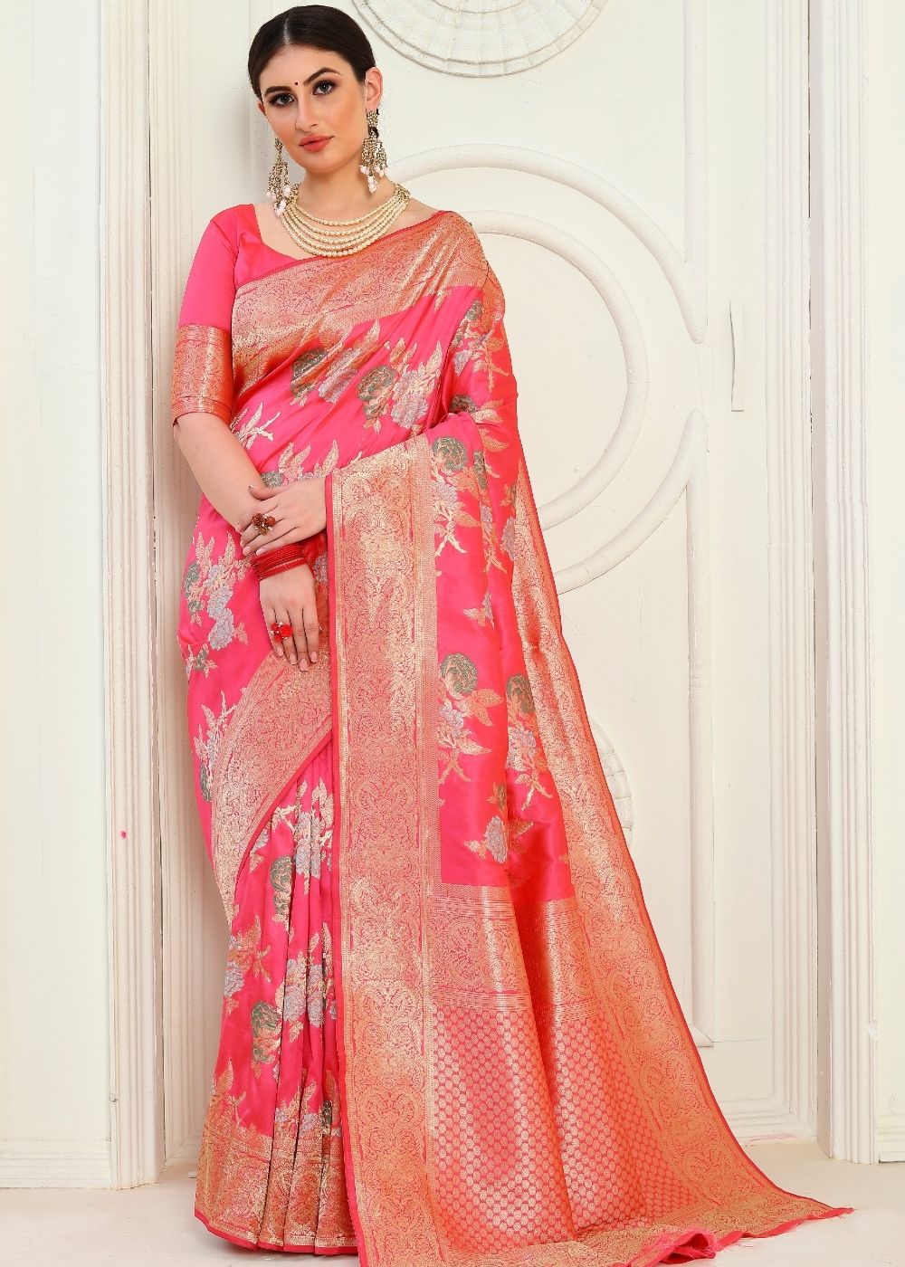 Strawberry Pink Zari Woven Banarasi Silk Saree Clothsvilla Main image