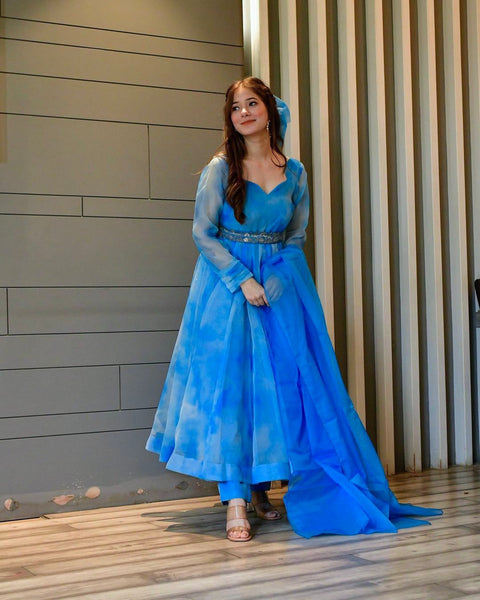 Beautiful Shibori Print Blue Color Organza Silk Gown Clothsvilla Main image