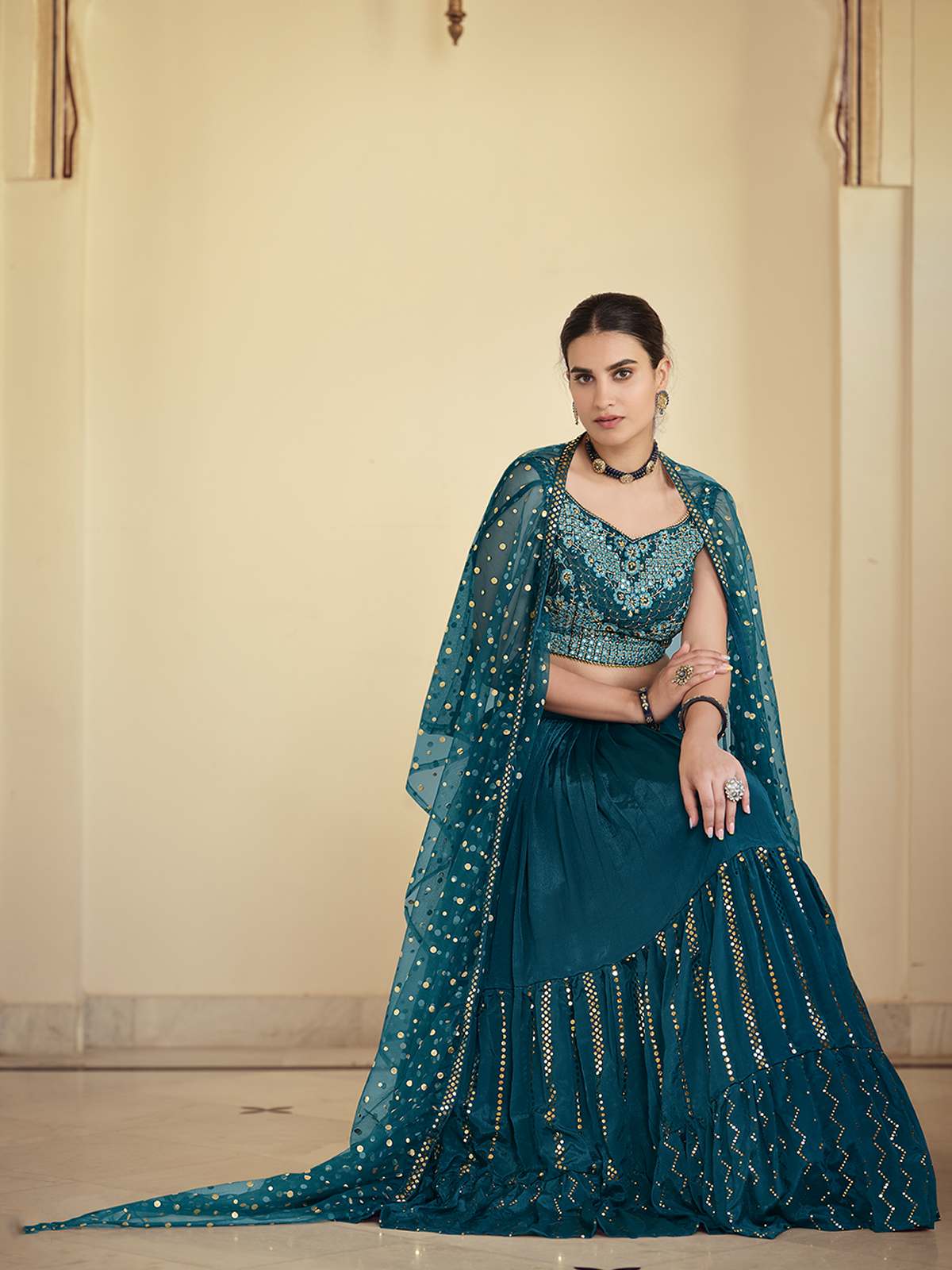 Teal Embroidered Crepe Semi Stitched Lehenga With Unstitched Blouse Secondary image