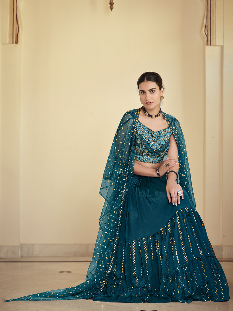 Teal Embroidered Crepe Semi Stitched Lehenga With Unstitched Blouse Clothsvilla