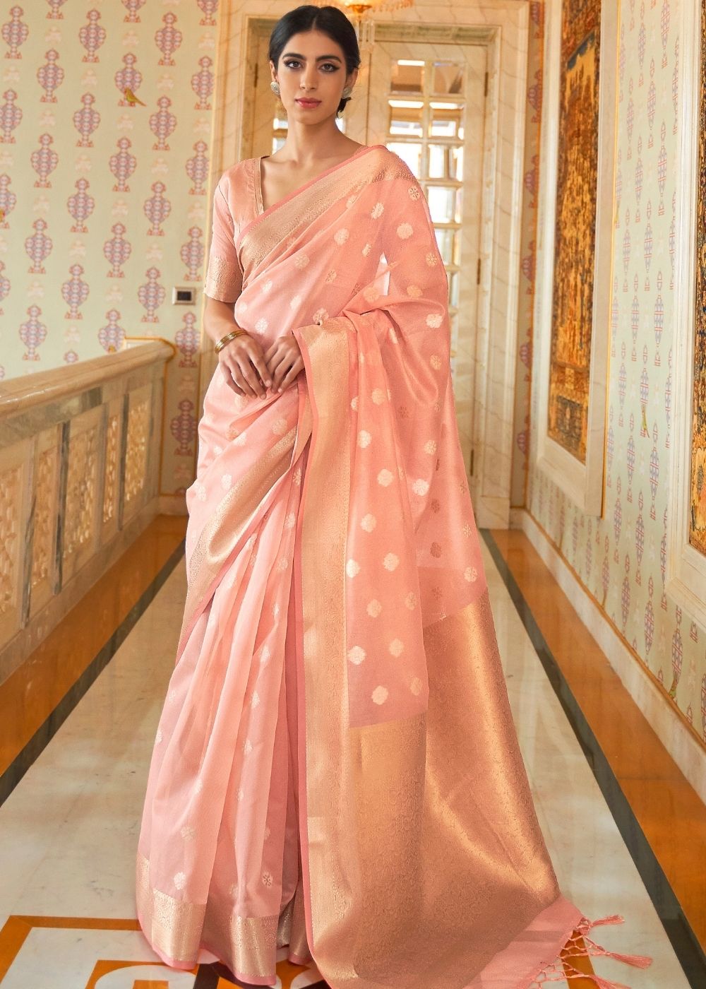Flamingo Pink Zari Woven Linen Silk Saree Clothsvilla