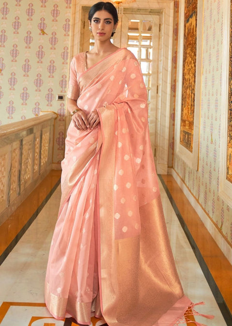 Flamingo Pink Zari Woven Linen Silk Saree Clothsvilla Main image