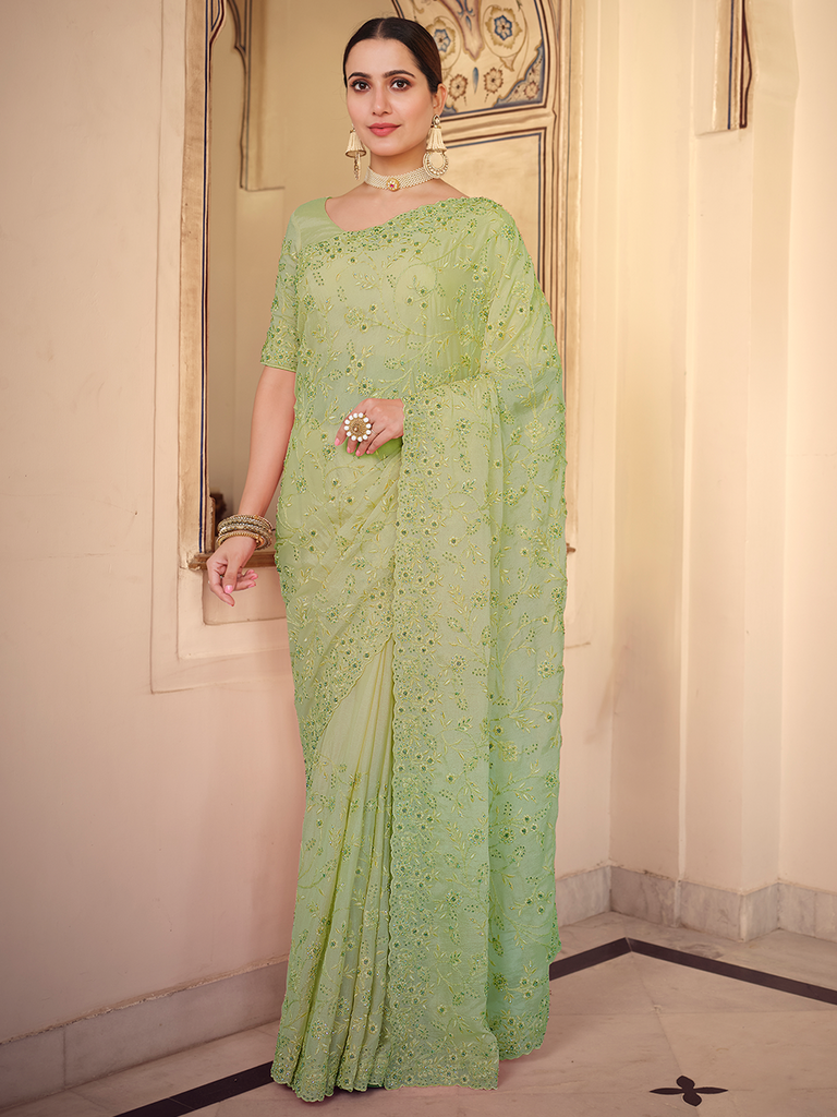 Green Chiffon Saree With Unstitched Blouse Clothsvilla