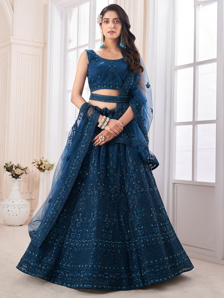 Teal Embroidered Soft Net Semi Stitched Lehenga With Blouse Piece Clothsvilla