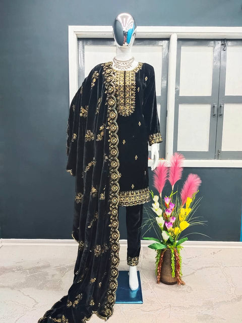 Fashionable Velvet Black Color Salwar Suit Clothsvilla Main image