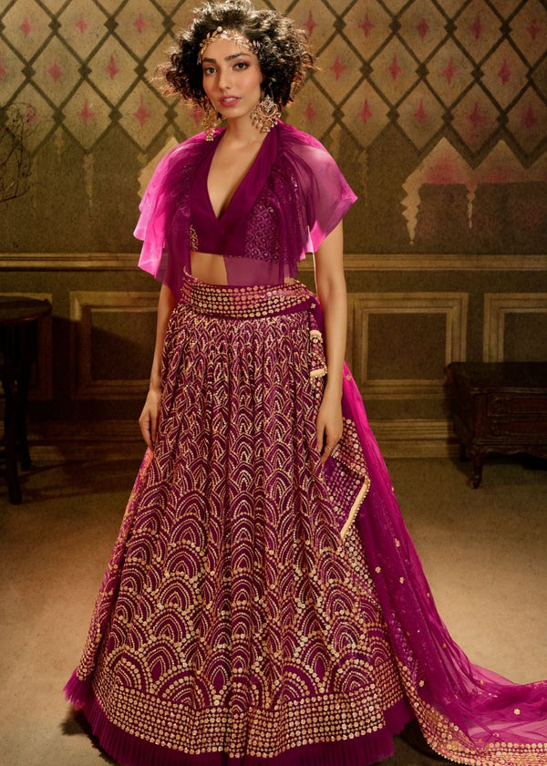 Red Violet Soft Net Designer Lehenga Choli with overall Sequins work Clothsvilla