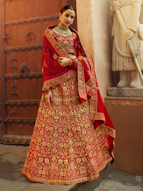 Red Embroidered Velvet Semi Stitched Lehenga With Unstitched Blouse Clothsvilla Main image