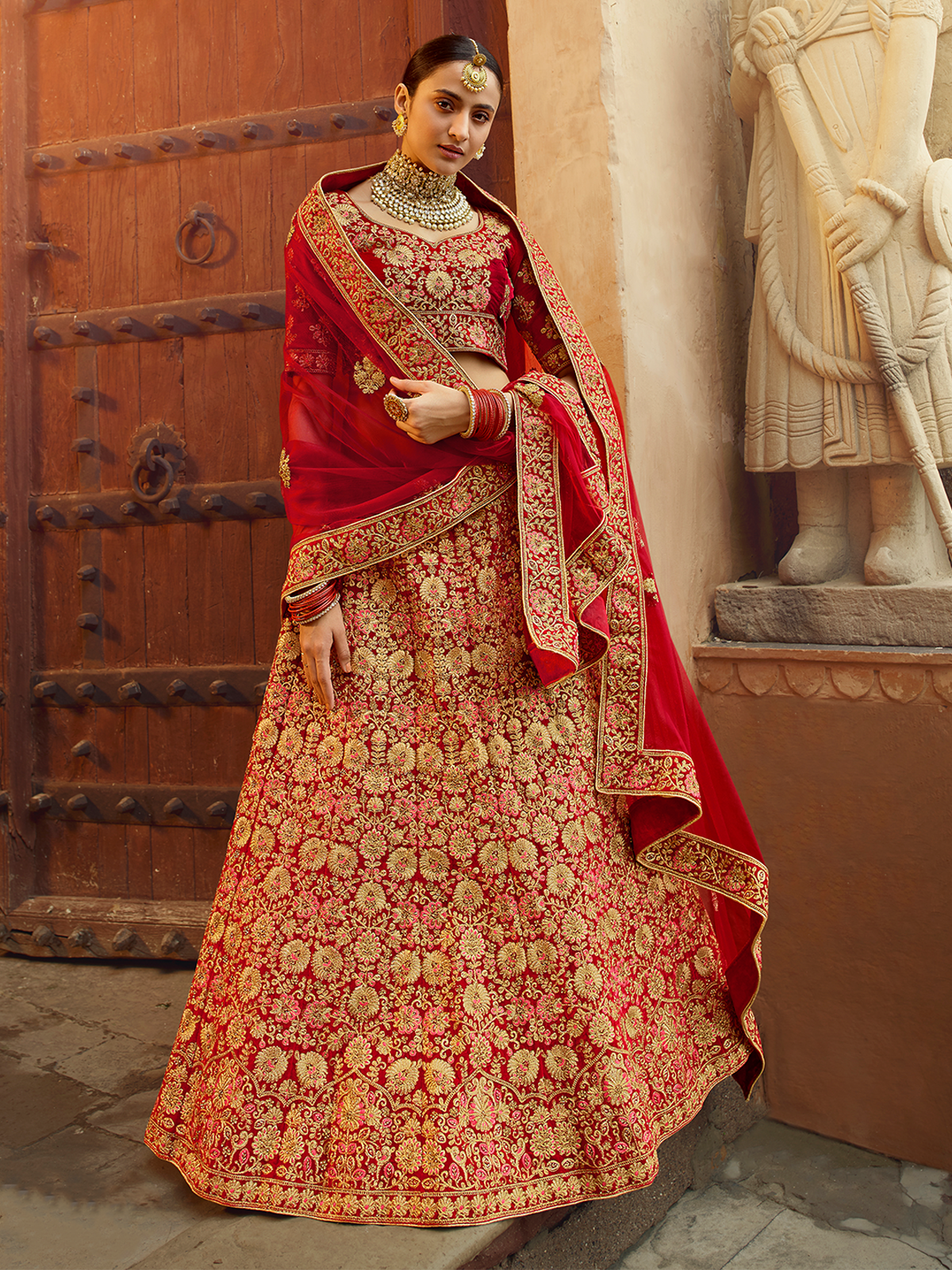 Red Embroidered Velvet Semi Stitched Lehenga With Unstitched Blouse Clothsvilla